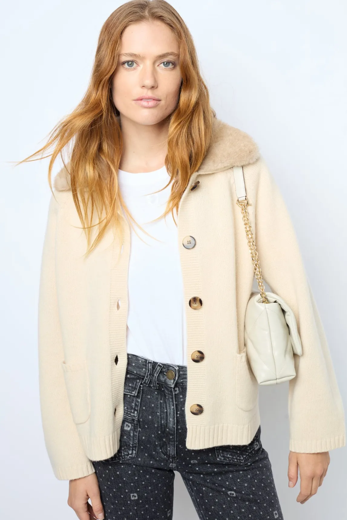 Cashmere cardigan with collar and fingerless gloves - JADWIGE