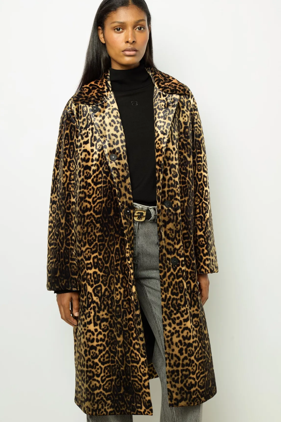 Leopard velvet straight coat - LEUNDA