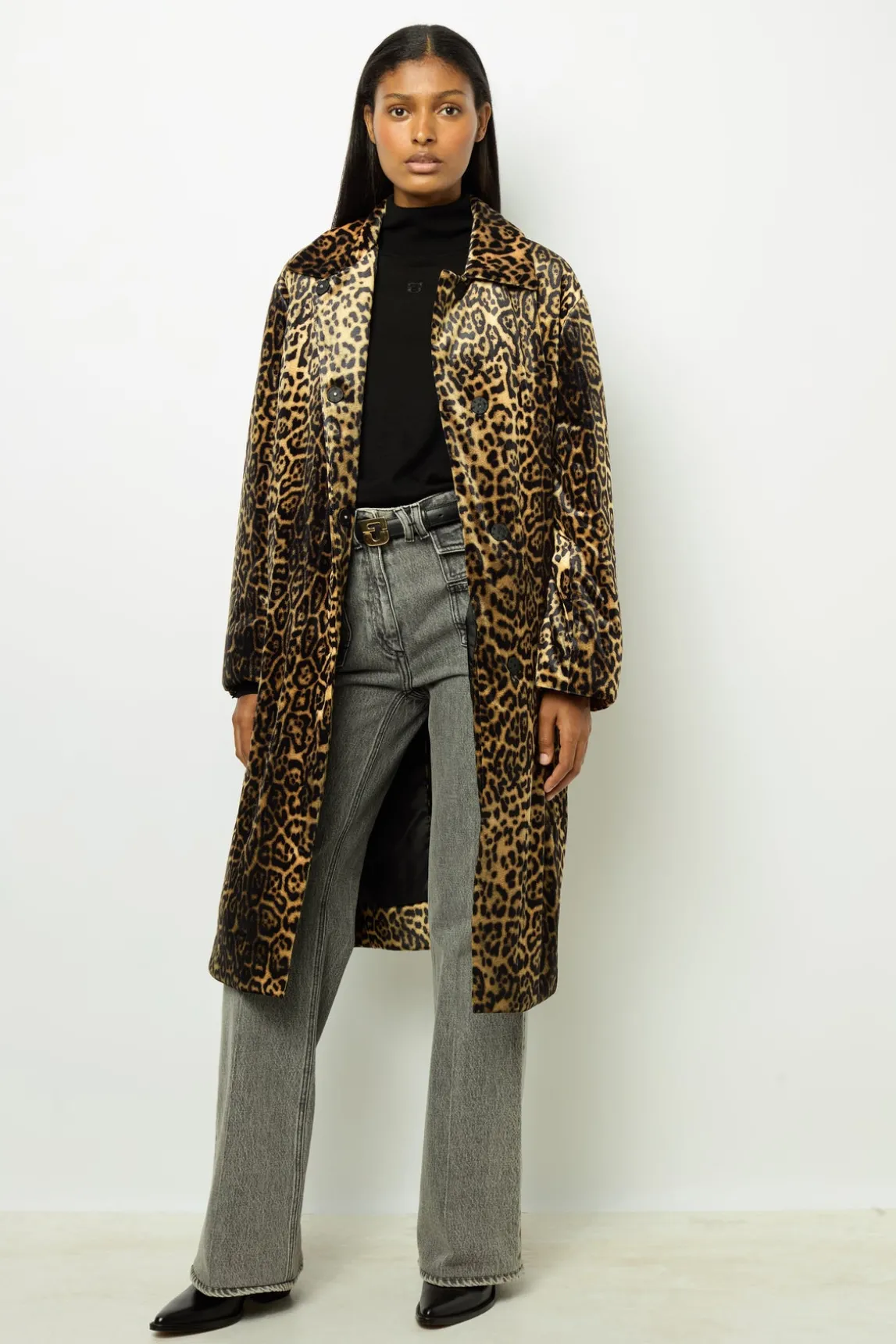 Leopard velvet straight coat - LEUNDA
