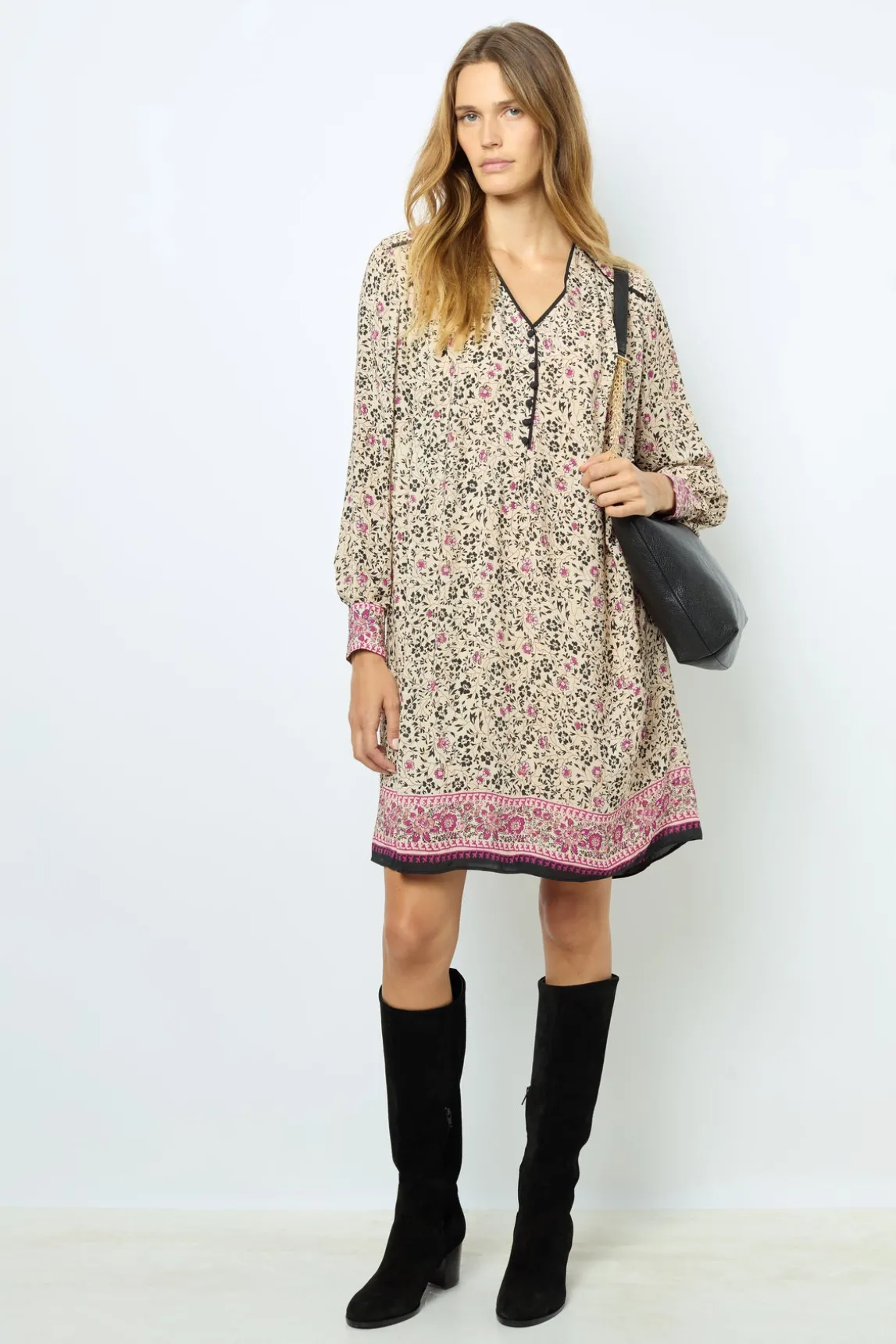 Printed V-neck straight dress - SALINE