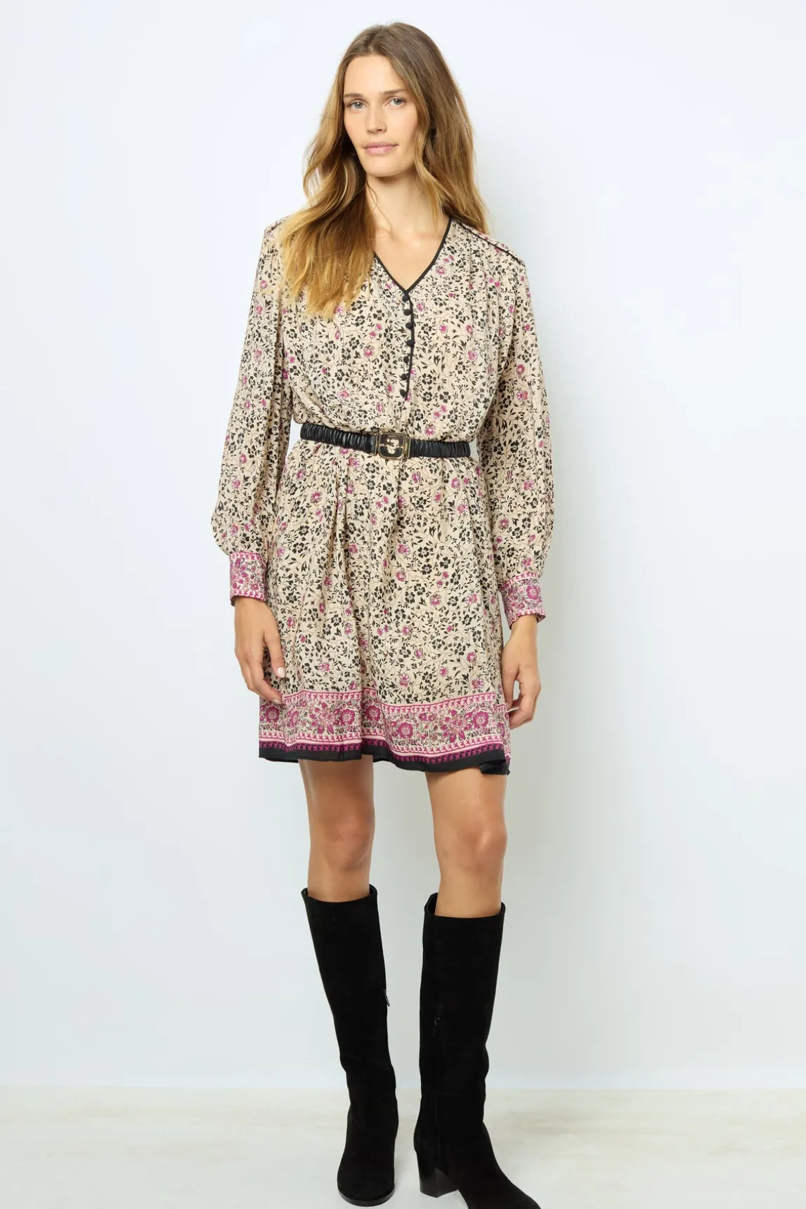 Printed V-neck straight dress - SALINE
